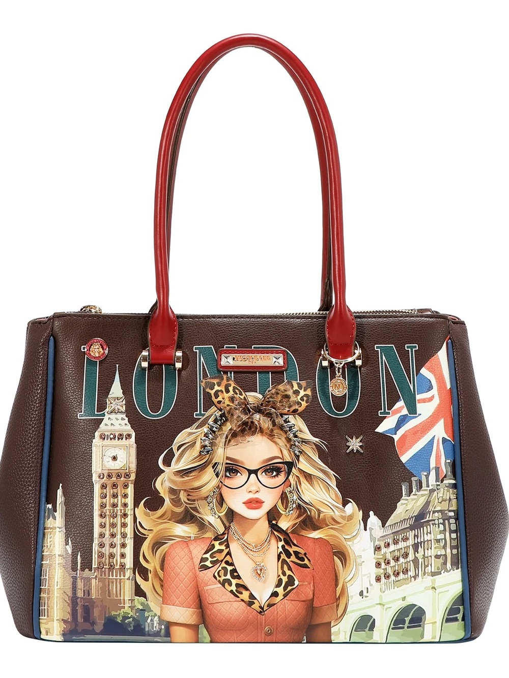 Nicole Lee Brown Tote with Red Handles and Multicolor London Graphic